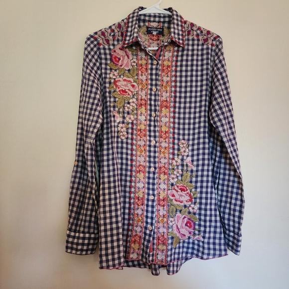 Johnny Was Workshop Gingham Plaid Embroidered Floral Button Down Top Rodeo Shirt - Picture 2 of 15